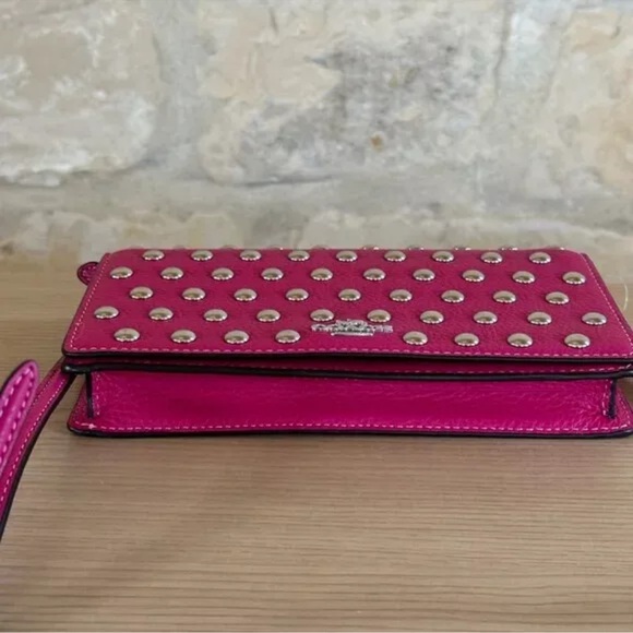 Coach CM851 Anna Foldover Clutch Crossbody Rivets Cerise Pebble Leather - Picture 6 of 10